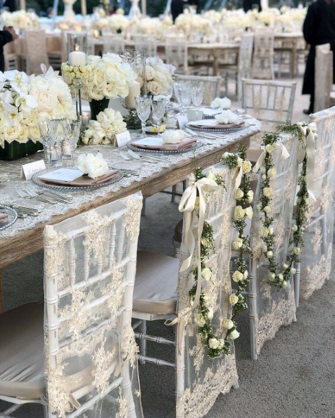 Vintage Lace Covered White Chairs Wedding Decorations