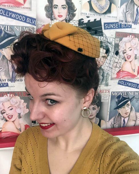 Vintage Reddish Brown Tight Curls Updo Yellow Hat Womens Hairstyle