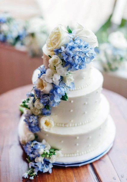 Violently Blue Hydrangea Flowers On White Cake