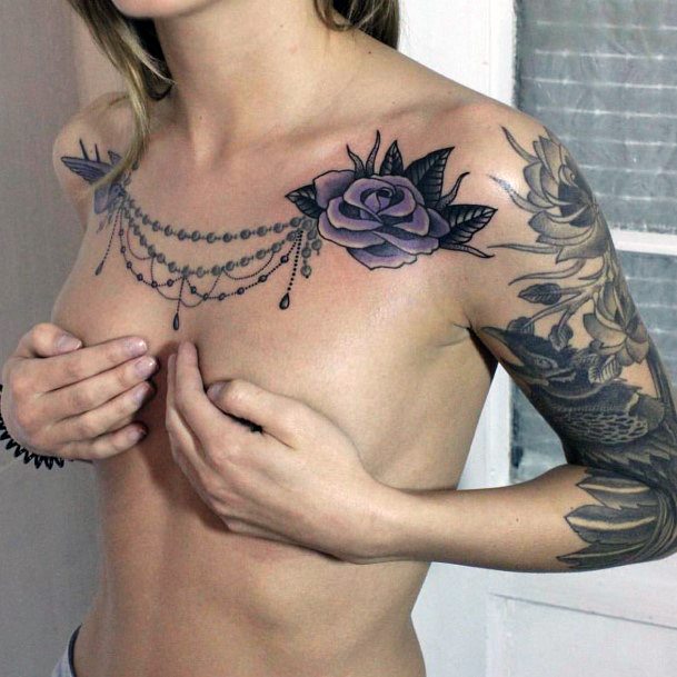 Violet Rose And Chain Tattoo On Chest For Women