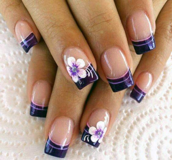 Violet Tip And White Orchids Nail Art