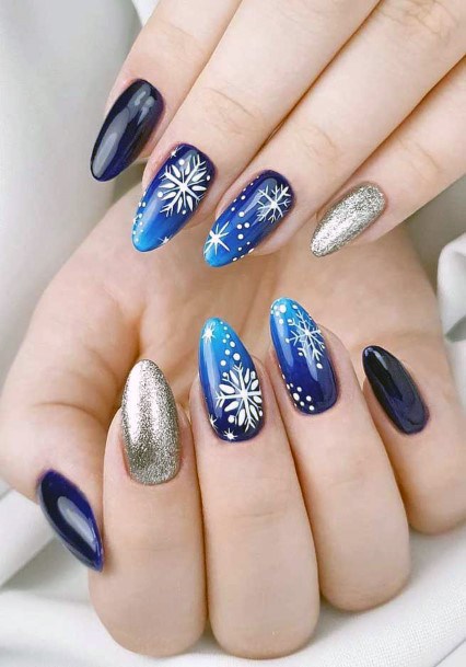 Vivid Blue And White Snow Nails Women