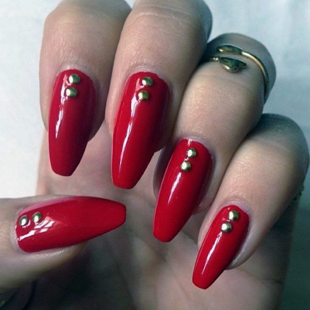 Vivid Bright Red Nails With Motif For Women