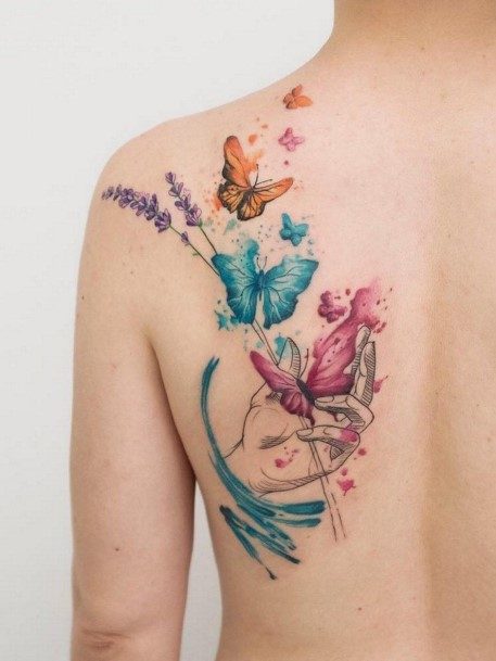 Vivid Colored Butterflies And Lavendar Tattoo Womens Back