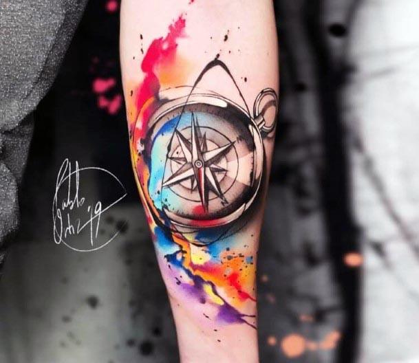Vivid Colors And Compass Tattoo Women