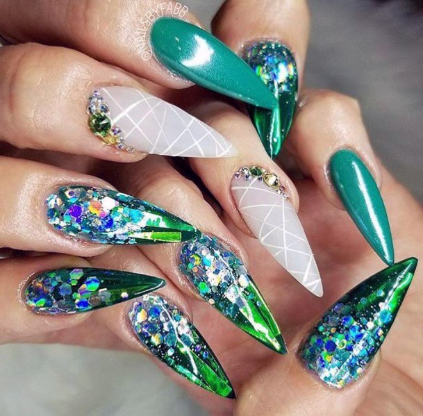 Vivid Forest Nails With Diamonds Women