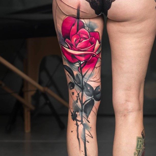 Vivid Pink Rose Flower Tattoo Womens Legs