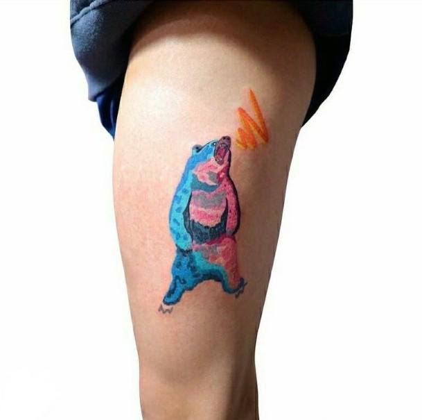 Vivid Purple Blue Bear Tattoo Womens Thighs