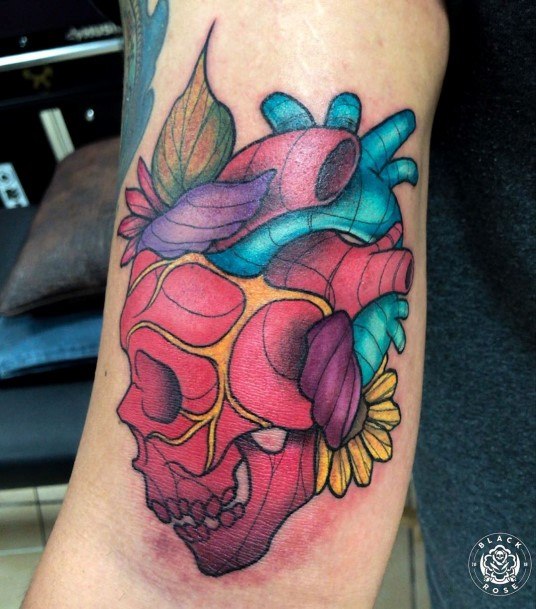 Vivid Red And Heart Anatomical Heart Tattoo Womens Forearms