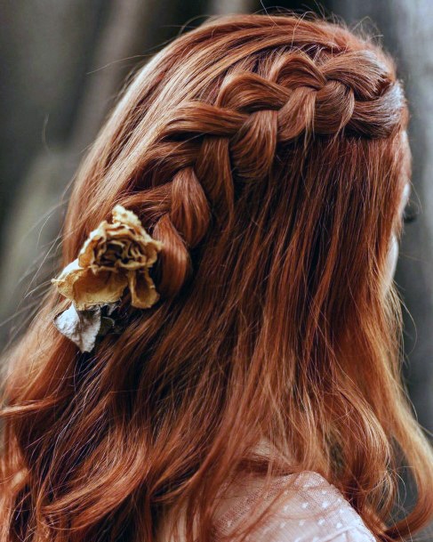 Warm Brown And Auburn Hair With Thick Side Braid And Floral Fastener