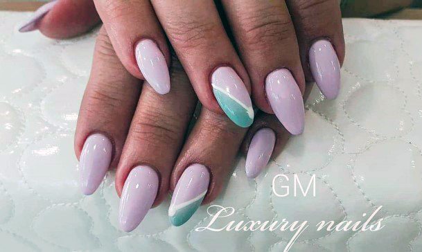 Warm Light Pink Shellac Nails With Angled Grey Design For Women