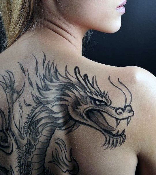 Watchful And Hungry Dragon Tattoo Womens Back