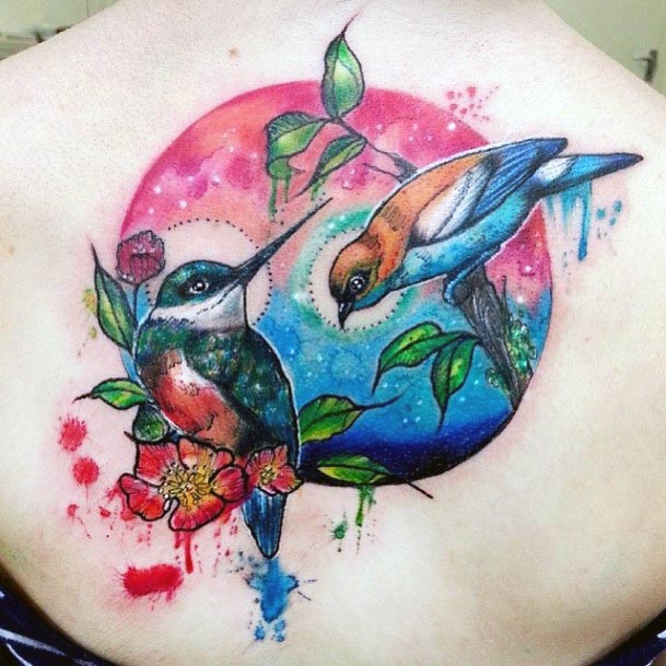 Water Color And Humming Birds Tattoo Womens Back