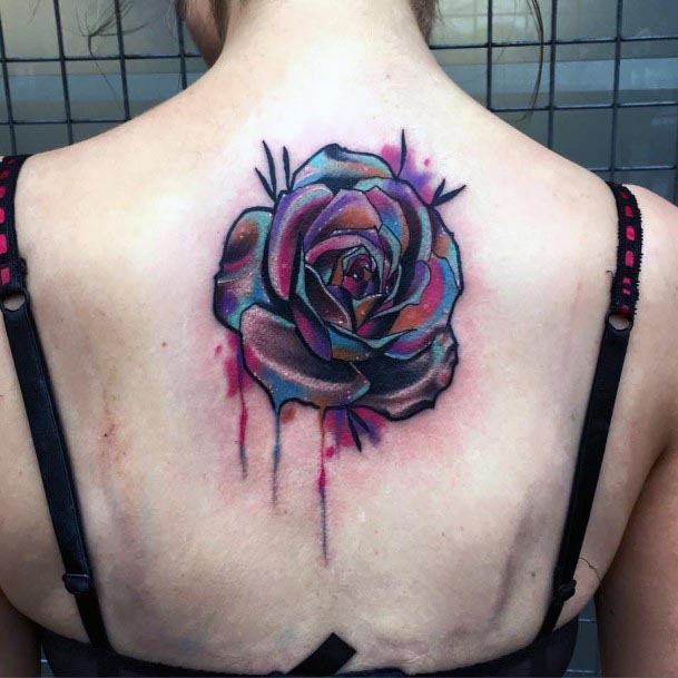 Water Color Dripping Rose Tattoo Womens Back