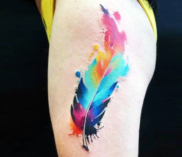 Water Color Feather Tattoo Womens Thighs