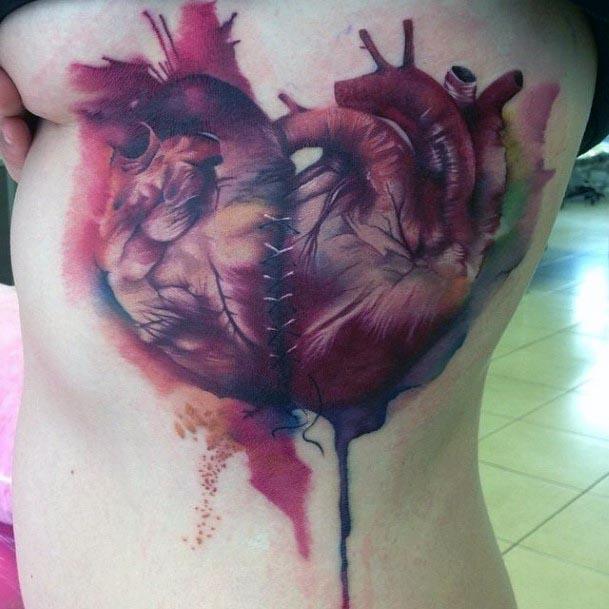 Water Color Heart Tattoo Womens Torso
