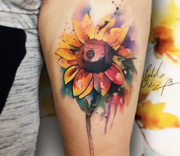 Water Color Paint Sunflower Tattoo Womens Arms