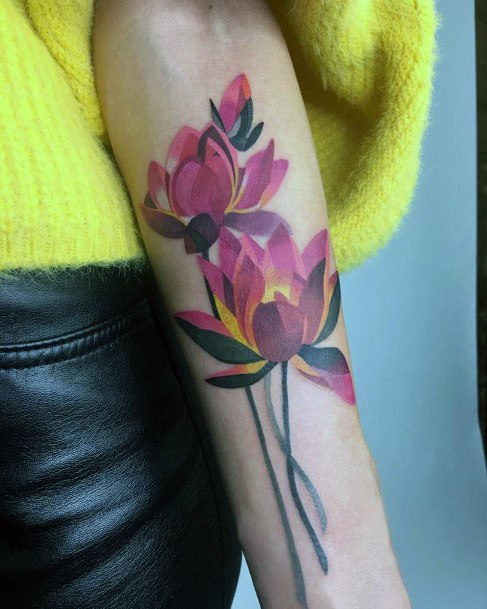 Water Color Pink Lotus Tattoo Womens Arms