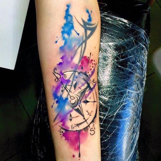 Water Color Splash With Compass Tattoo