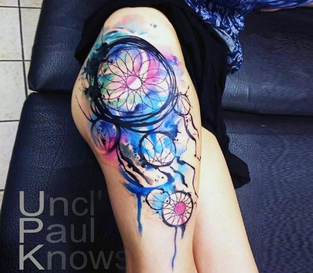 Water Color Tattoo Dream Catcher Women Leg