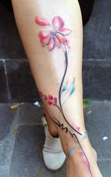 Water Color Tattoo Womens Leg