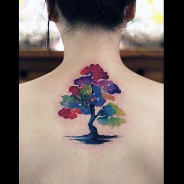 Water Color Tree Tattoo Womens Back