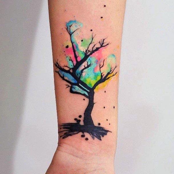 Water Color Tree Tattoo Womens Hands