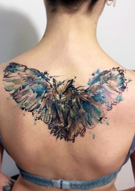 Water Colored Creative Owl Tattoo For Women Back