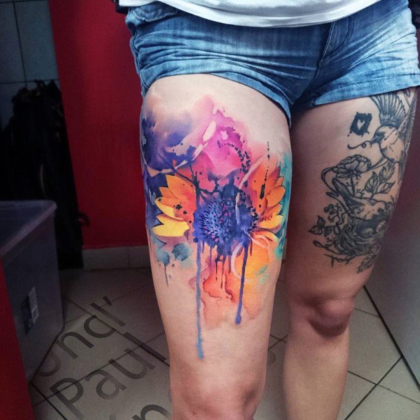 Watercolor And Grey Tattoo Womens Legs