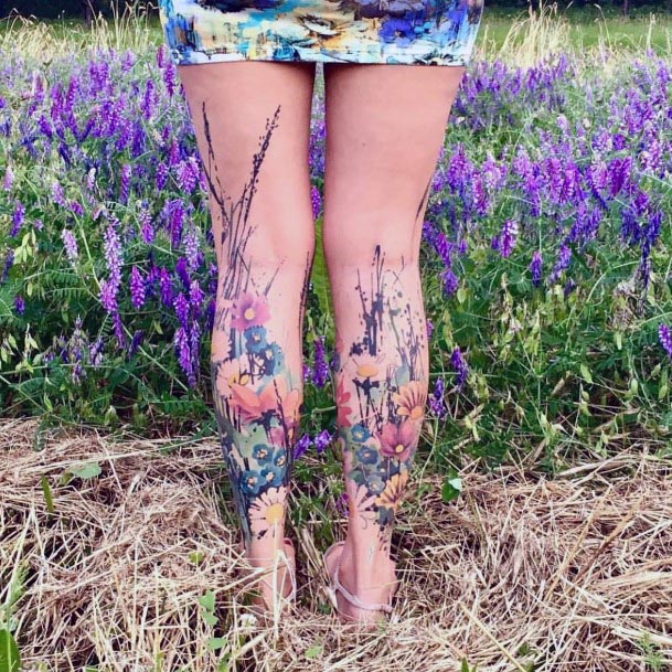 Watercolor Blossom Tattoo Womens Legs