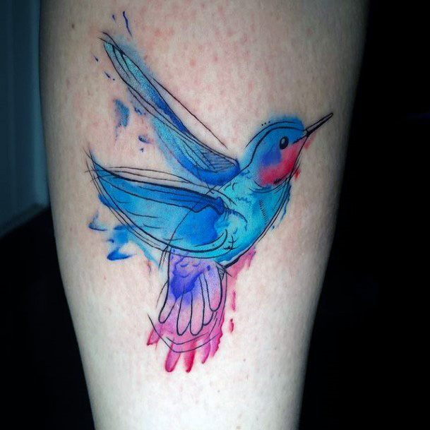 Watercolor Blue Hummingbird Tattoo For Women