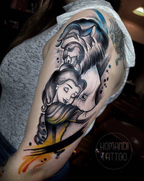 Watercolor Half Sleeve Stellar Body Art Tattoo For Girls Beauty And The Beast