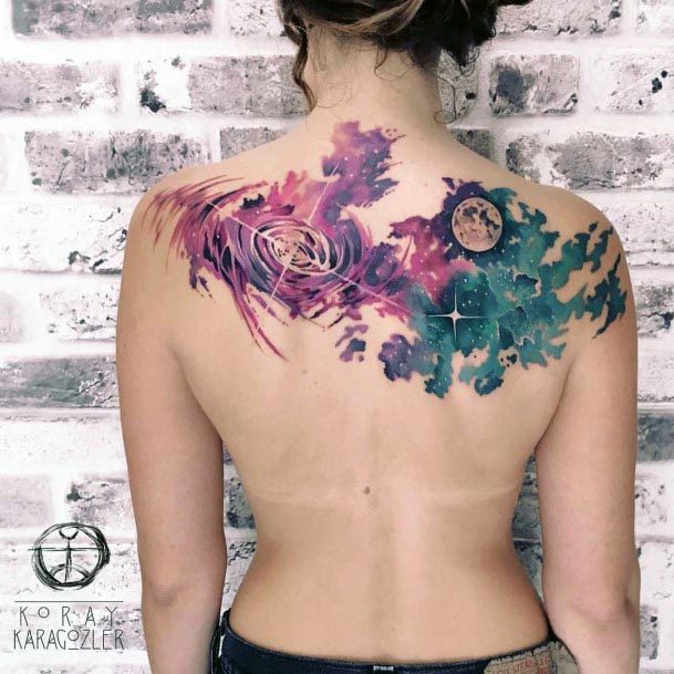Watercolor Universe And Planet Tattoo Womens Back