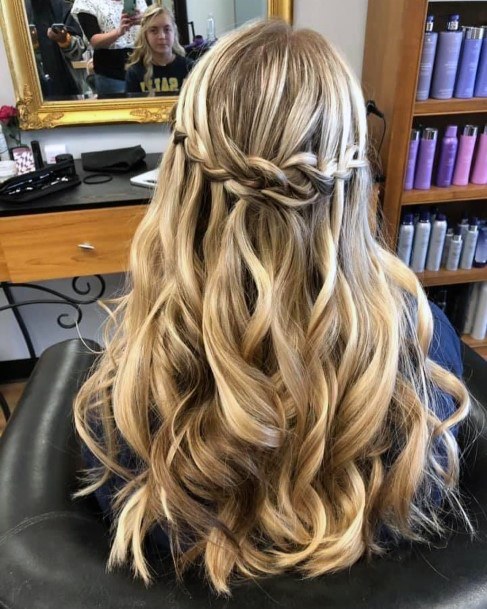 Waterfall Braid Pull Back With Large Curl Waves