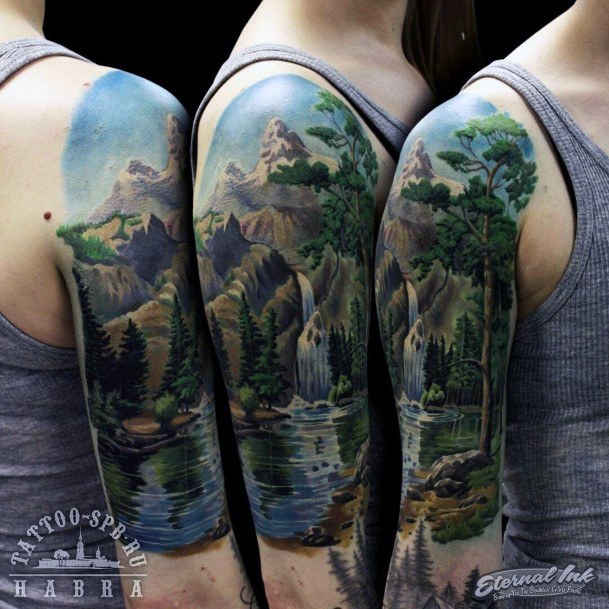 Waterfall In Forest Tattoo Womens Half Sleeve
