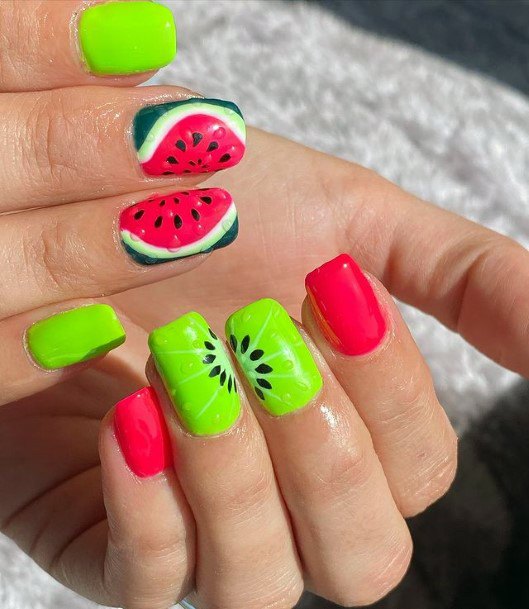 Watermelon And Kiwi Nails For Women Pink And Green