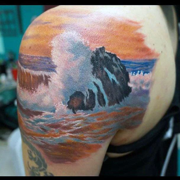 Waves Crashing Over Rock Tattoo Women