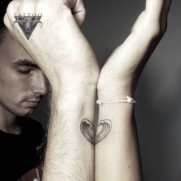 Waves Of Love Heart Couple Tattoo Wrists