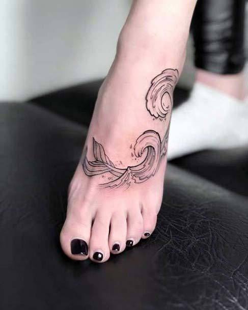 Waves Tattoo On Foot Women