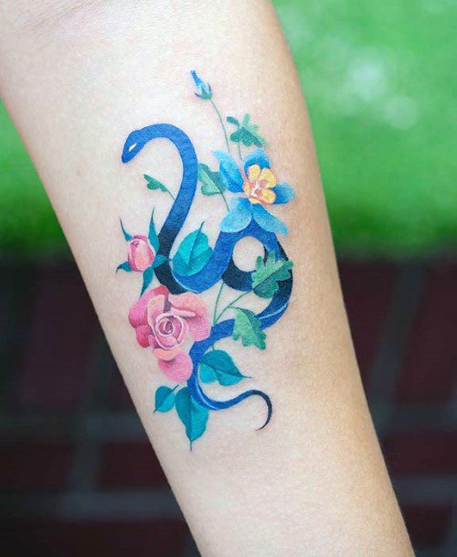 Wavy Blue Snake Tattoo Womens Arms