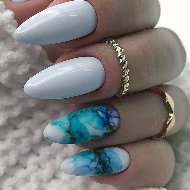 Wavy Blue Water And White Almond Nails Womens Art