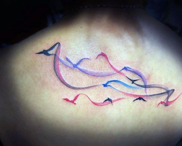 Wavy Pink And Blue Tattoo Birds