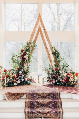 Wedding Arch Ideas Boho Mediterranean Rug Runner With Wooden Triangle Arch