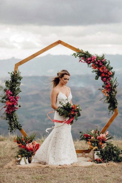 Wedding Arch Ideas Modern Geometric Hexagon With Multiple Bouquets