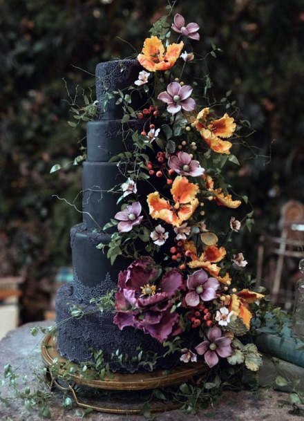 Wedding Cake Ideas Moody Black With Dark Purple And Orange Floral