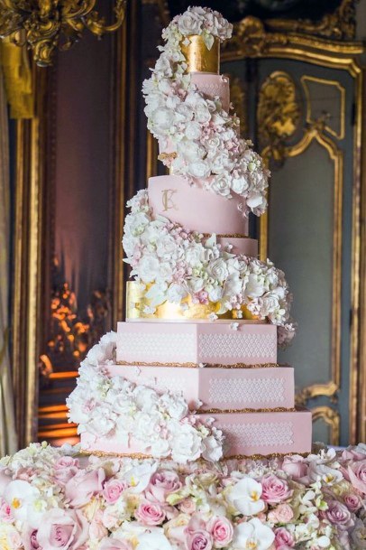 Wedding Cake Ideas Romantic Pink Gold And White Hexagon Tiered Cake With White Roses