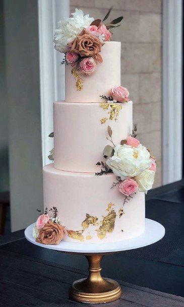 Wedding Cake Ideas Romantic Pink Tiered With Gold Leafing And White And Pink Flowers