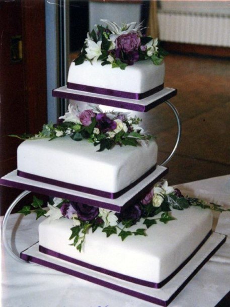 Wedding Cake Ideas Separated Tieres Square White With Dark Purple Design