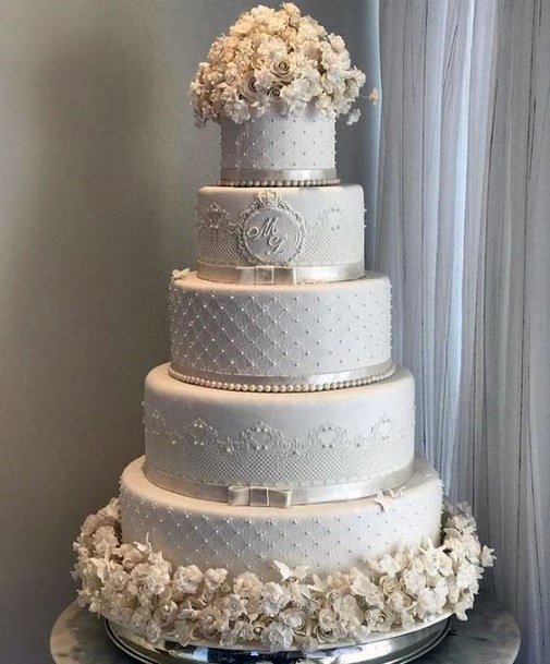 Wedding Cake Ideas Traditional White And Silver With Icing Decor And White Flowers