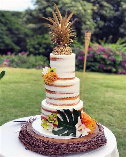 Wedding Cake Ideas Tropical Design Semi Naked With Pineapple Topper And Tropical Flowers